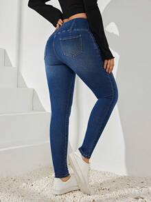 SHEIN Privé 高腰扣子修身牛仔褲 - 深色水洗藍 - 查看 2