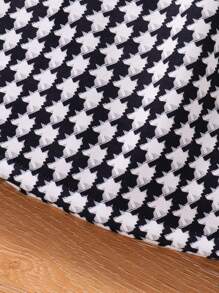 SHEIN Toddler Girls' High Neck Ribbed Knit T-Shirt And Houndstooth Overall Dress With Bowknot Decor Set - Red - View 5