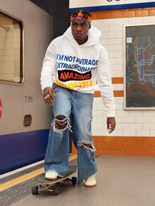 Manfinity RebelGame 男士標語圖案落肩袖連帽衫 - 白色 - 查看 4