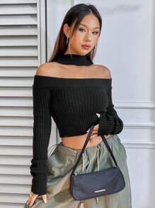 SHEIN Unity Áo len ngắn tay cổ yếm khoét rỗng, kiểu dáng chui đầu, chất liệu dệt kim, thích hợp cho mùa thu đông. - màu đen - Xem 3
