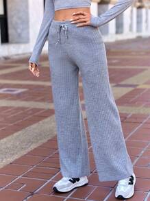 EURMUSE Women'S Drawstring Waist Ribbed Pants - Dark Grey - View 4