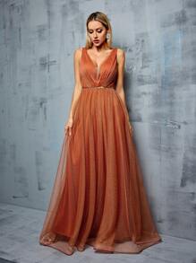 V-Neck Metallic Mesh & Ruffled Sequins Panel Maxi Bridesmaid Dress - Burnt Orange - View 4