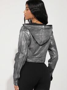 Denimoi Fashion Hooded Metallic Crop Denim Jacket - Black - View 2