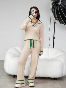 SHEIN Essnce 女式兩件式彩塊毛衣套裝,邊緣飾邊 - 杏色 - 查看 6