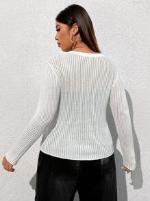 CovetEZ Talla Grande Jersey De Ganchillo De Manga Larga Sin Cierre Con Cuello Redondo Color Sólido - Blanco - Ver 2