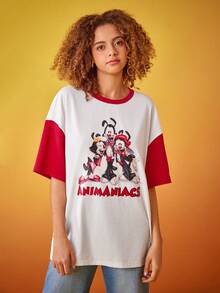 ANIMANIACS X SHEIN 1件漫畫和字母印花拼接下肩寬鬆T恤，夏季 - 白色 - 查看 4