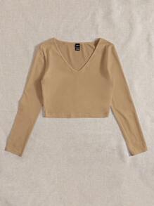 Cottnline Solid V Neck Crop Tee - Camel - View 5