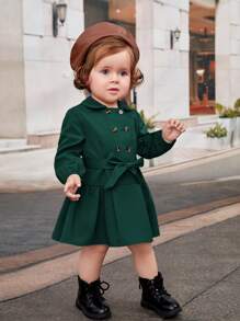 SHEIN Baby Girls' Vintage Elegant Lapel Double Breasted Belted Long Sleeve Loose Hem Dress