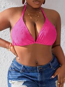 SHEIN Swim Curve 加大尺碼椰樹和浮雕三角杯比基尼上衣 - 玫紅色 - 查看 4