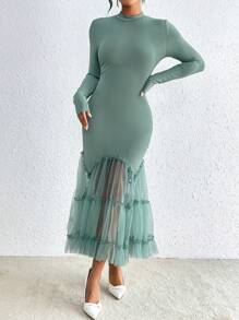 SHEIN Privé 女士立領長袖網紗人魚裙連衣裙 - 綠色 - 查看 4