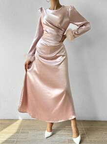 Chiquease 優雅緞面拼接削邊連衣裙 - 粉色 - 查看 5