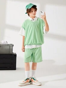 男孩休閒純色背心針織立領襯衫短褲套裝針織背心紐帶短袖襯衫3件/套 - 彩色 - 查看 5