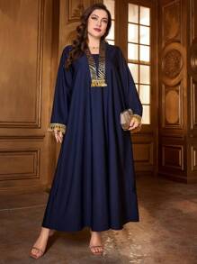 Al Najma Plus Size Women'S Tassel Trim Arabic Style Abaya Dress Kaftan Jalabiya Dress - Blue - View 4