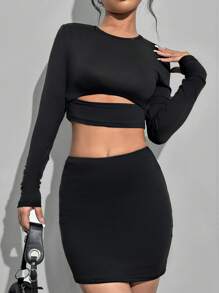 SHEIN Unity Conjunto De Falda Y Camiseta Corta Con Estampado De Diamantes De Imitación Para Mujer - Negro - Ver 5