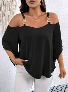 Elenzga Blusa De Hombros Descubiertos Sólida De Talla Grande - Negro - Ver 1