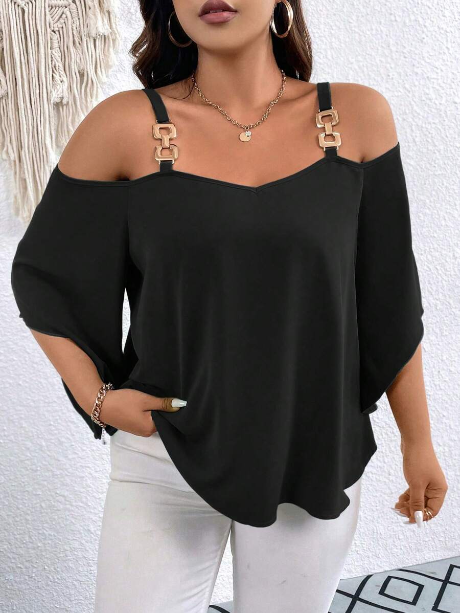 Elenzga Blusa De Hombros Descubiertos Sólida De Talla Grande - Negro - Ver 1
