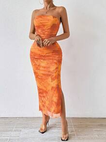 Chiquease Tie-Dye Asymmetric Hem Bandeau Dress With Side Slit - Orange - View 3