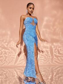 Formelles Kleid mit Mesh, Rüschen, Schlitz, Tube Paillette, - Blau - Übersicht 1