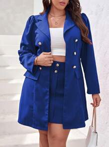 SHEIN Privé Plus Double Breasted Blazer & Skirt - Royal Blue - View 6