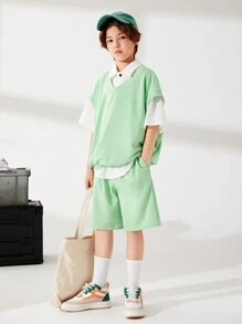 男孩休閒純色背心針織立領襯衫短褲套裝針織背心紐帶短袖襯衫3件/套 - 彩色 - 查看 3