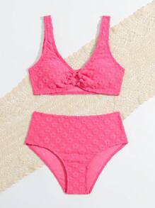 Tankini Con Cuello Halter En Jacquard Para Niña Tween - Rosa Fucsia - Ver 5