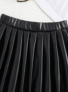 SHEIN 小少女pu街頭時尚百褶裙,膝上款式 - 黑色 - 查看 4