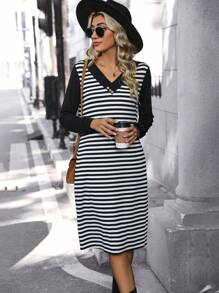 SHEIN LUNE Sọc Khối màu Cổ chữ V Đầm - Đen và trắng - Xem 1