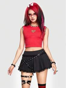 ROMWE Avant Retro Y2K In hoa Báo Nối Tim Đính đá Quần skinny Áo thun - Đỏ - Xem 3