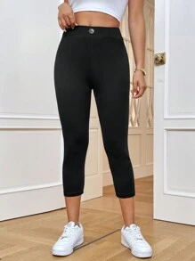 SHEIN Essnce 女款黑色修身七分褲，帶後口袋和標籤，休閒百搭 - 黑色 - 查看 4