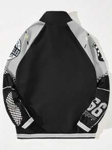 ROMWE MEN Street Life 男式立领字母图案夹克，学校 - 黑色 - 查看 2