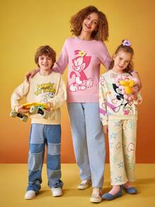 ANIMANIACS X SHEIN 卡通圖案下垂肩長袖毛衣 - 粉色 - 查看 6