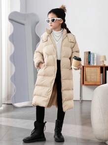 SHEIN Tween Girl 编织纯色宽松连帽长款夹棉外套 - 杏色 - 查看 5