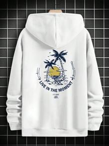 Men Slogan Tropical Graphic Drawstring Hoodie - White - View 2