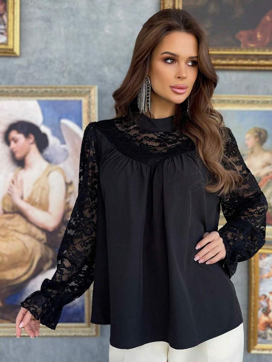 SHEIN Privé Mảnh Lace Tay áo chuông Áo sơ mi