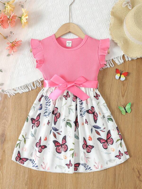 SHEIN Young Girl Butterfly & Plant Print Belted Dress