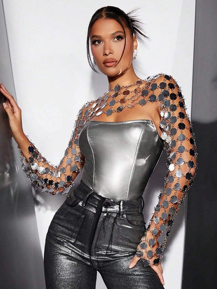 SHEIN BAE Women's Solid Color Metallic Gorgeous Music Festival Club Party Date Night Sparkly Sequin Cover-Up Top