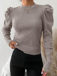 RueChic Gigot Sleeve Ribbed Knit Tee - Maroon - View 3