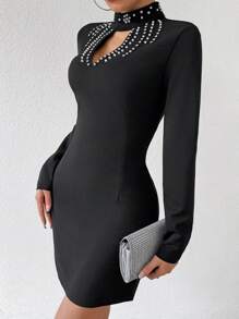 Chiquease Damen Perle Verziertes Kleid Mit Durchbrochenem Kragen - Schwarz - Übersicht 3