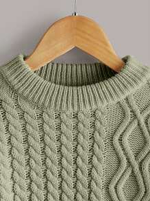 年輕女孩纜繩針織高低針織衫 - 卡其色 - 查看 3
