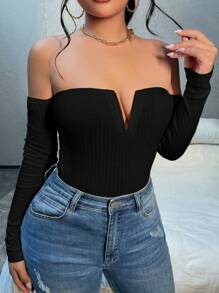 SHEIN SXY Camiseta De Manga Larga De Punto Con Cuello Descubierto - Negro - Ver 1