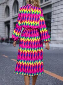 SHEIN Clasi Geometric Printed Lantern Sleeve Dress Without Belt - Multicolor - View 2