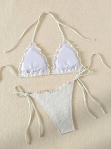 Swim Mod Frilled Edged Flower Pressed Triangle Cup Knotted Side Bikini Set Wedding Summer