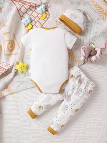 幼兒男童可愛風格白色標語印花連體褲,配大象印花長褲和帽子套裝 - 杏色 - 查看 2