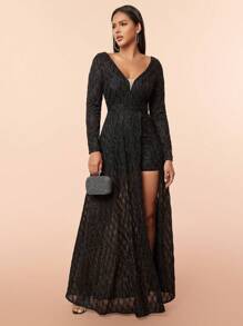 D&M Women's Long Sleeve Deep V-Neck Backless High Slit Ruffle Formal Evening Dress