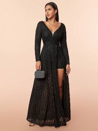 D&M Women's Long Sleeve Deep V-Neck Backless High Slit Ruffle Formal Evening Dress