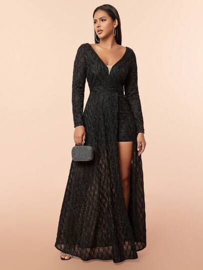 D&M Women's Long Sleeve Deep V-Neck Backless High Slit Ruffle Formal Evening Dress