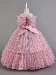 小女孩正式晚禮服,星空網紗紗裙公主長禮服,適用於演出或主持 - 藕粉色 - 查看 2