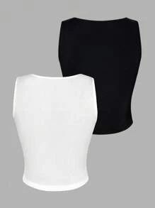 SHEIN EZwear Set de 2 piezas Camiseta sin mangas con fruncidos y unicolor, talla grande, para primavera/verano