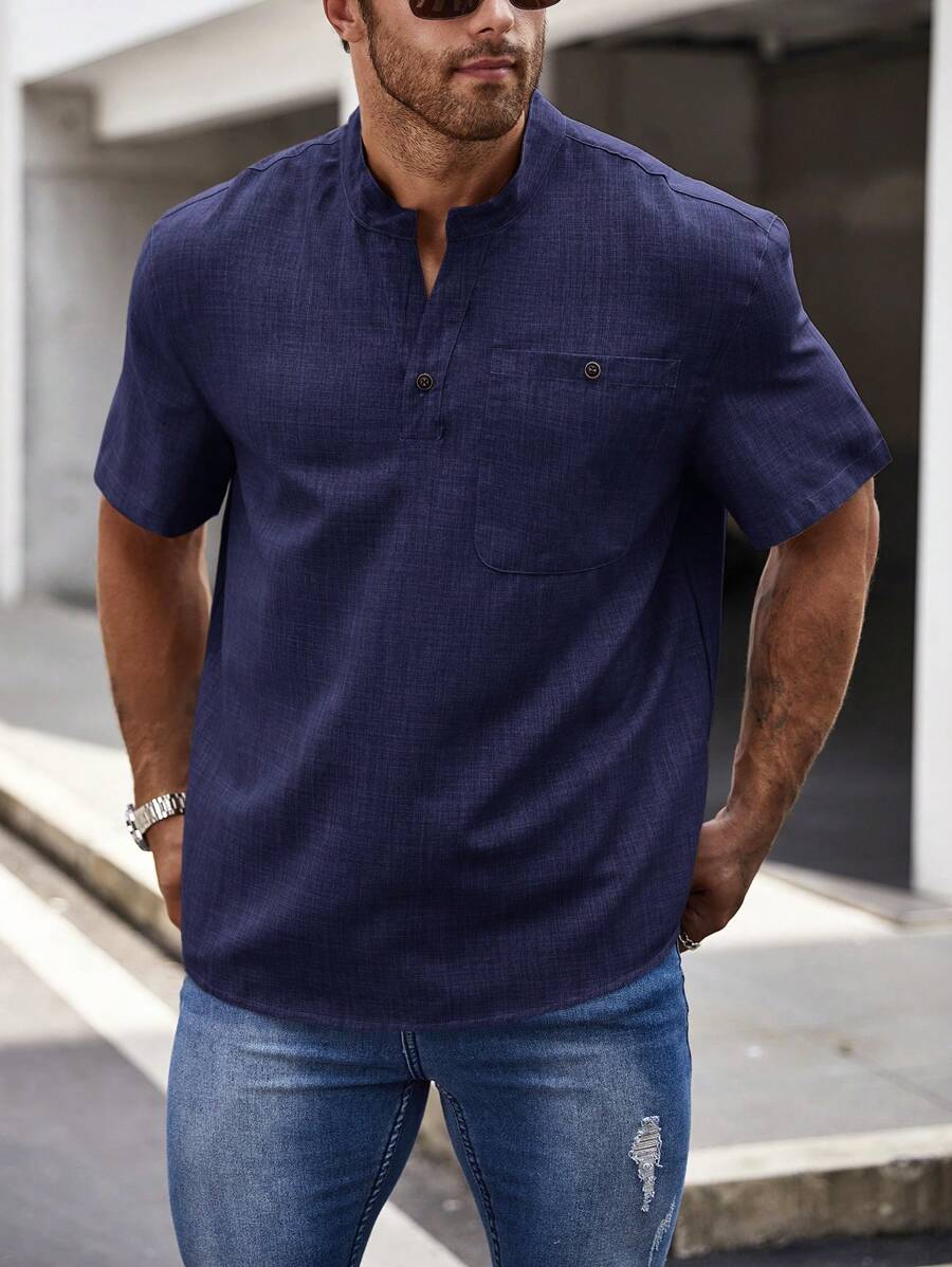 SHEIN Manfinity Homme Nam Kích thước lớn Cổ áo có khía Nút-Mặt trước Áo sơ mi Với Thiết kế Và Ngực Túi - Màu xanh hải quân - Xem 1