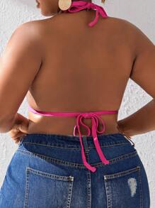 SHEIN Swim Curve 加大尺碼椰樹和浮雕三角杯比基尼上衣 - 玫紅色 - 查看 2